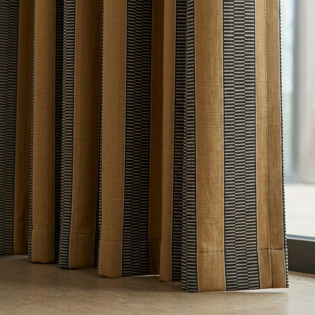 Pure Linen Curtains, Camel Tan & Charcoal Tribal Stripe, Heavy Boho Geometric Drapes, Custom Blackout or Light Filtering Panels — image 1