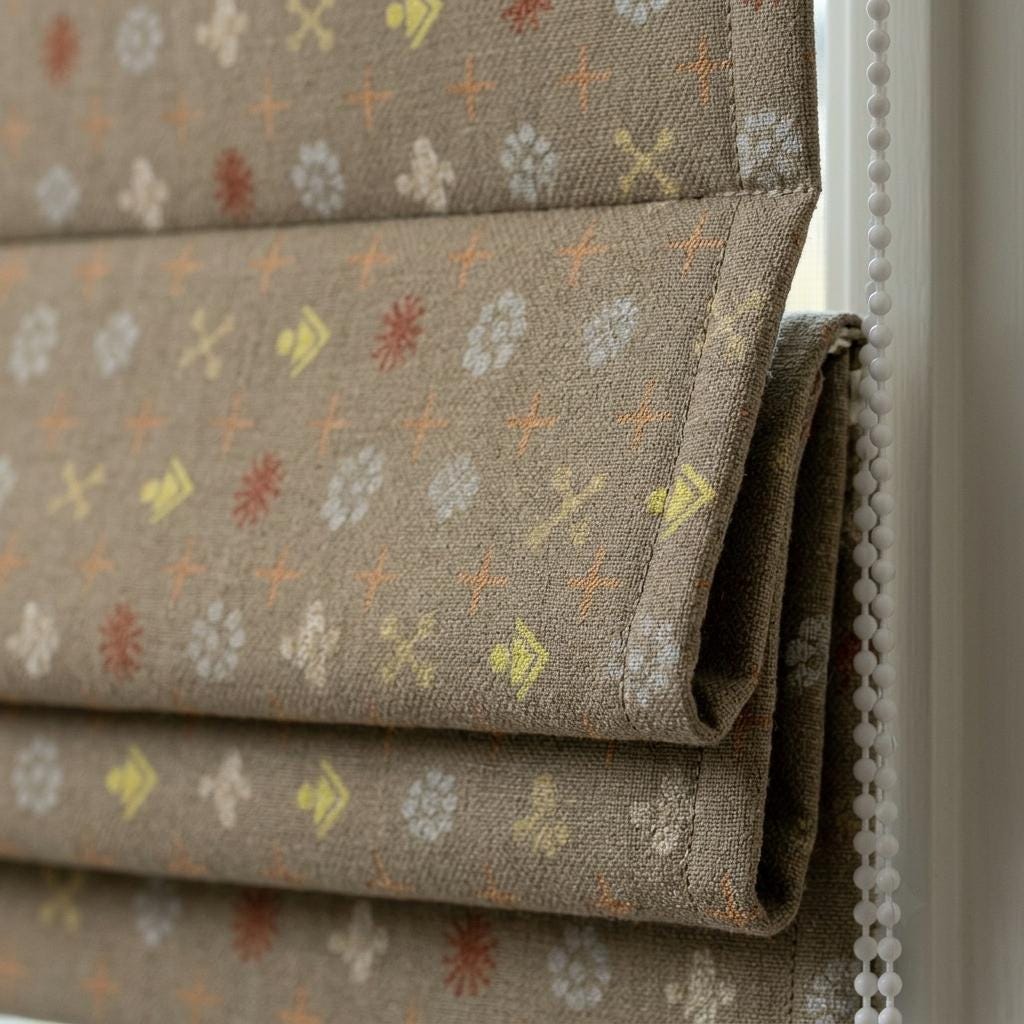 Olive Brown Pure Linen Roman Shade, Rust Mustard Mid Century Atomic Print Custom Blind, Blackout or Light Filtering Window Shade — image 1