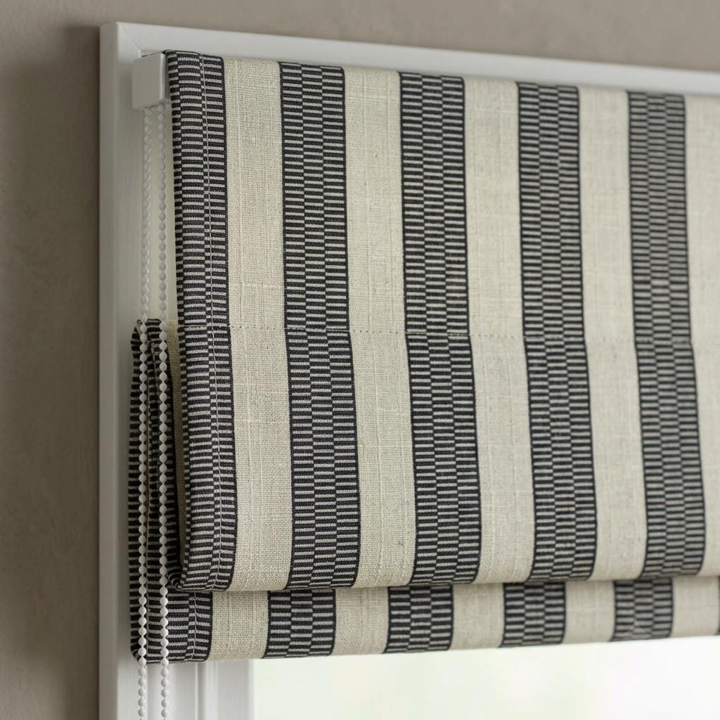 Black, Charcoal & Ivory Striped Pure Linen Roman Shade, Custom Tribal Boho Corded Window Blind, Blackout or Light Filtering — image 1