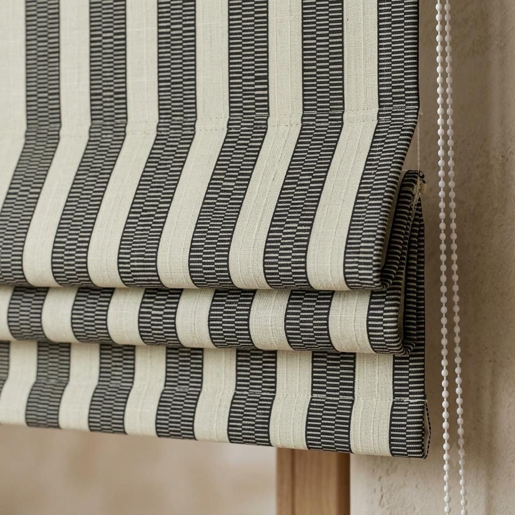 Black, Charcoal & Ivory Striped Pure Linen Roman Shade, Custom Tribal Boho Corded Window Blind, Blackout or Light Filtering — image 1