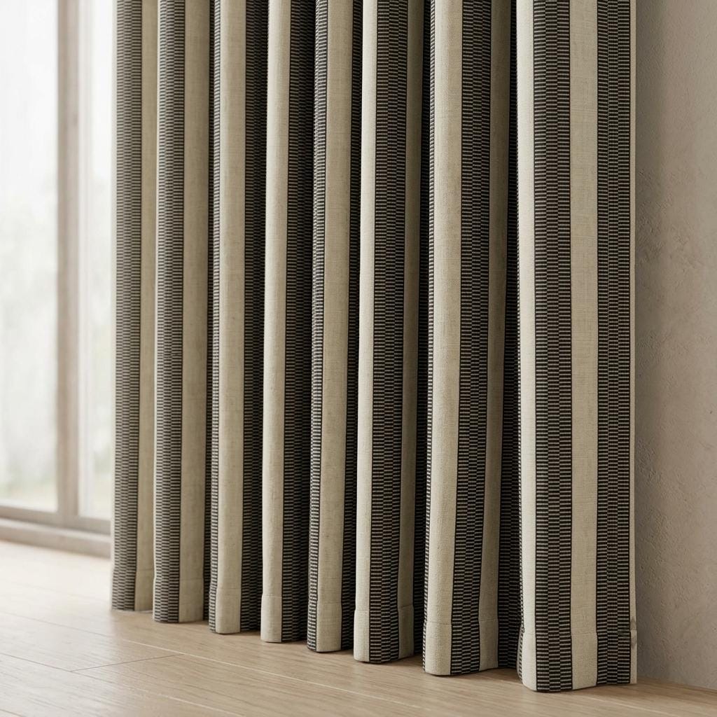 Oatmeal Ivory & Charcoal Tribal Stripe Pure Linen Curtains, Heavy Boho Geometric Drapes, Custom Blackout or Light Filtering Panels — image 4