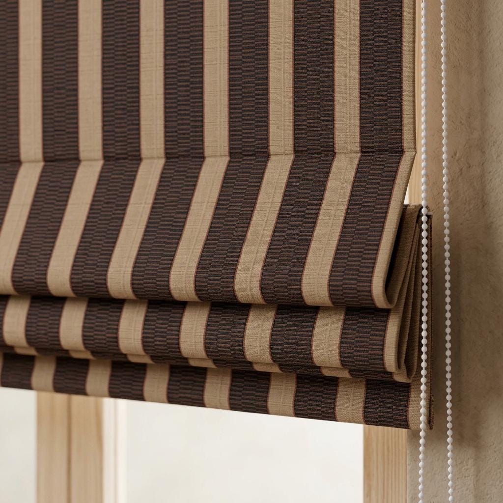 Black Rust Beige Striped Pure Linen Roman Shade, Custom Tribal Boho Corded Window Blind, Blackout or Light Filtering — image 1