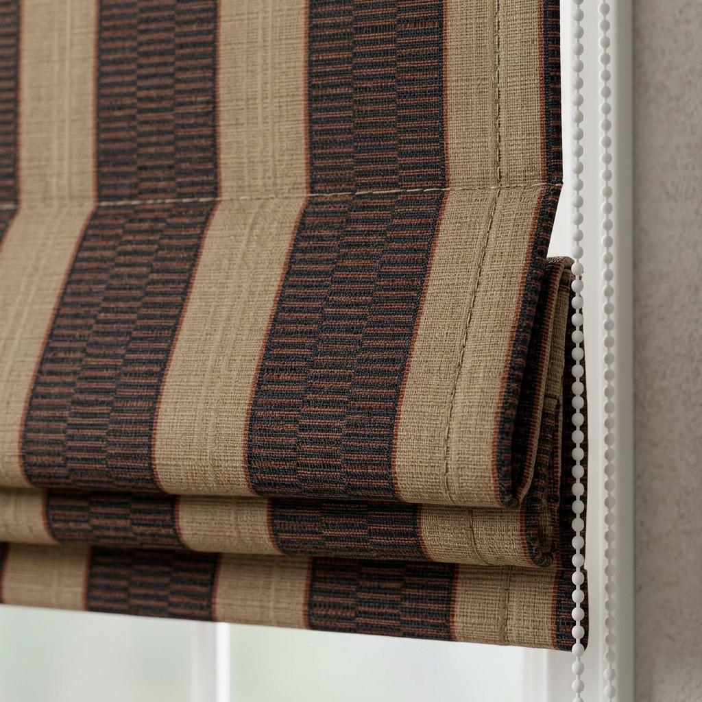 Black Rust Beige Striped Pure Linen Roman Shade, Custom Tribal Boho Corded Window Blind, Blackout or Light Filtering — image 1