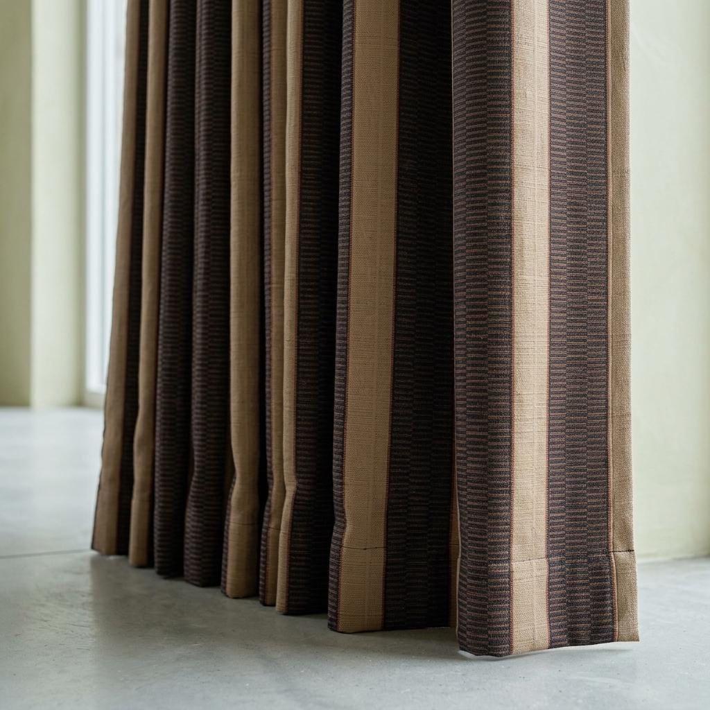 Pure Linen Curtains, Oatmeal Beige Charcoal & Rust Tribal Stripe, Heavy Boho Drapes, Custom Blackout or Light Filtering — image 1