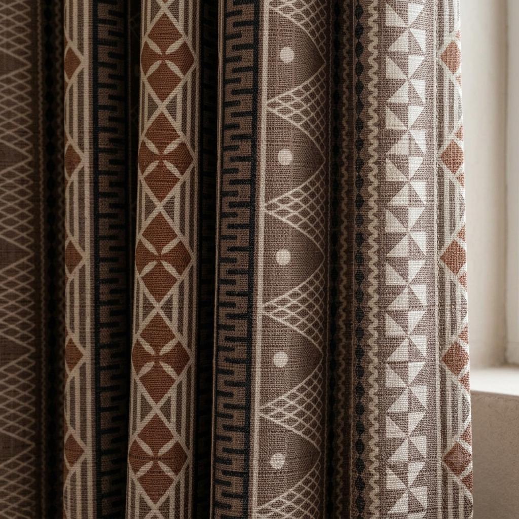 Taupe Rust & Ivory Tribal Linen Curtains, Black Geometric Boho Drapes, Custom Size Blackout or Light Filtering Panels — image 1