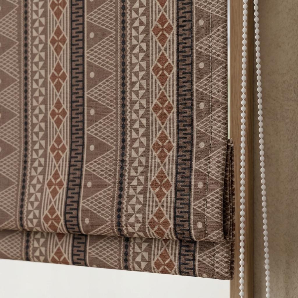 Taupe Rust Black Tribal Linen Roman Shade, Custom Southwestern Boho Geometric Corded Blind, Blackout or Light Filtering — image 1