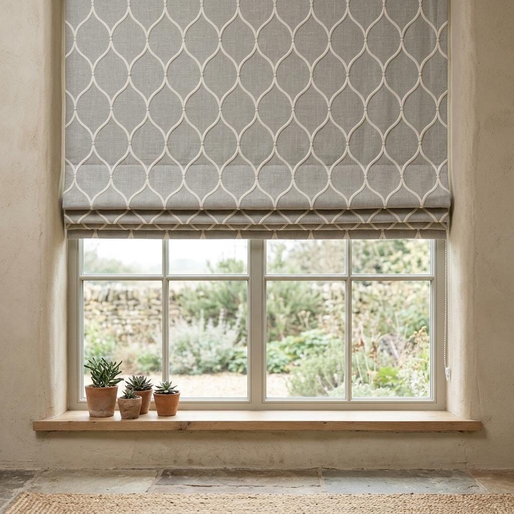 Natural Greige Linen Roman Shade, Ivory Embroidered Ogee Trellis Custom Blind, Blackout or Light Filtering Window Shade — image 4