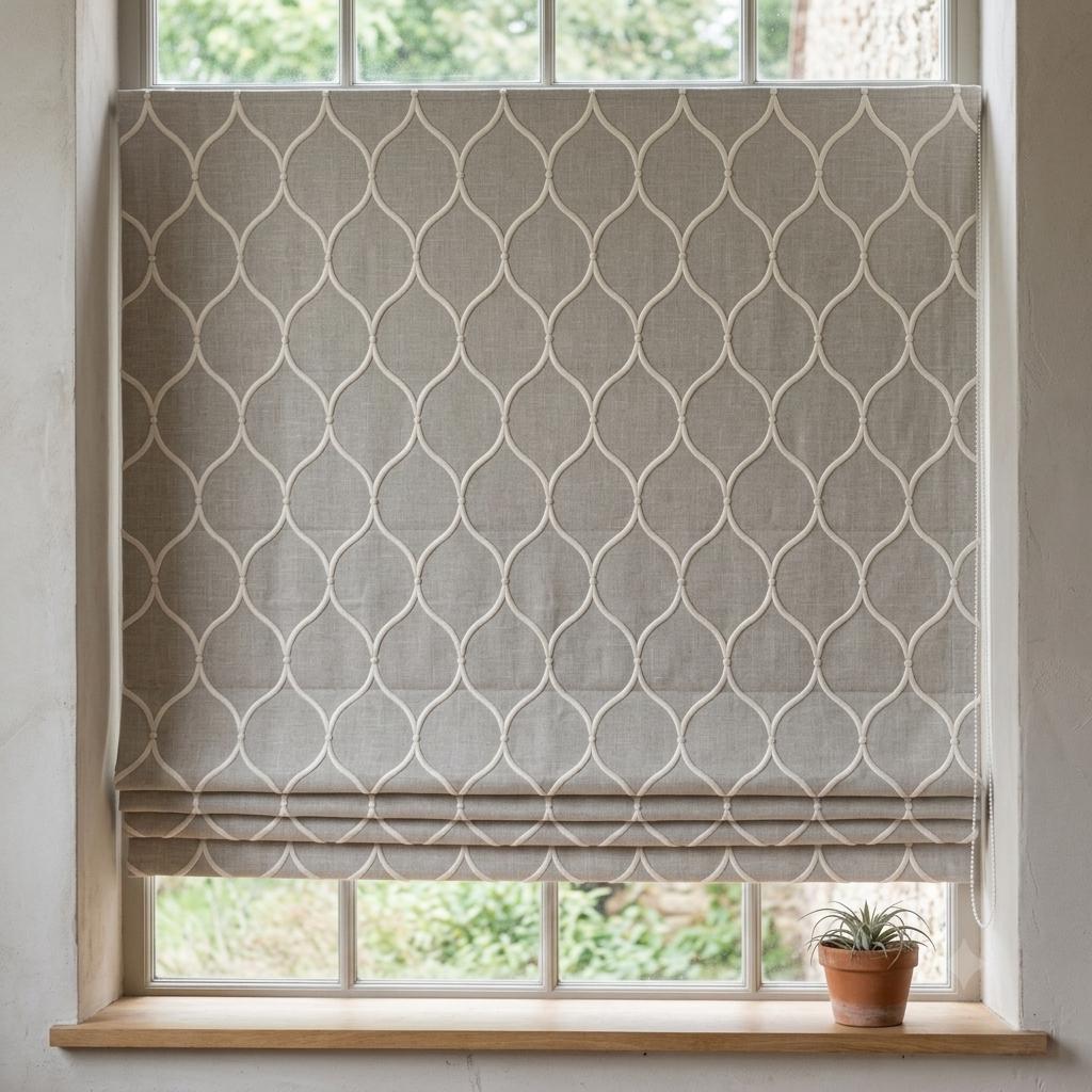 Natural Greige Linen Roman Shade, Ivory Embroidered Ogee Trellis Custom Blind, Blackout or Light Filtering Window Shade — image 8