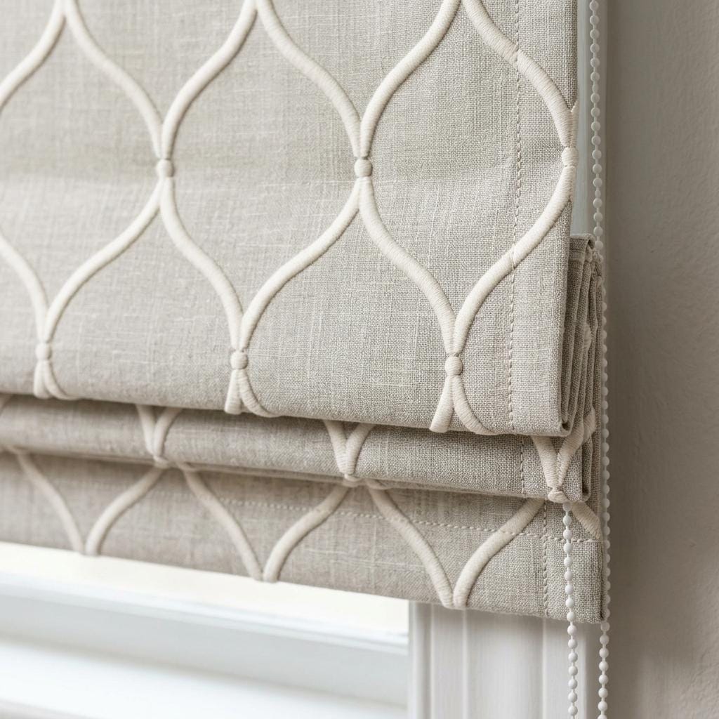 Natural Greige Linen Roman Shade, Ivory Embroidered Ogee Trellis Custom Blind, Blackout or Light Filtering Window Shade — image 3