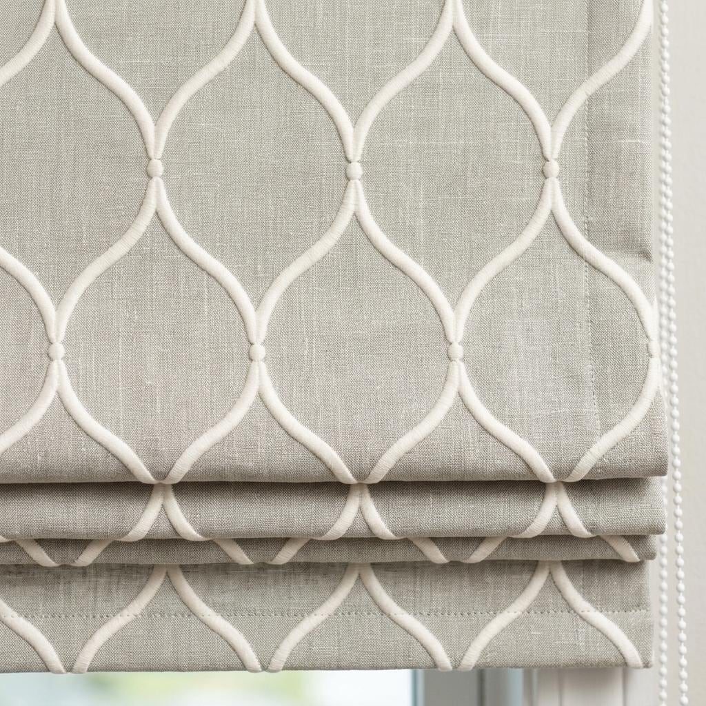 Natural Greige Linen Roman Shade, Ivory Embroidered Ogee Trellis Custom Blind, Blackout or Light Filtering Window Shade — image 1