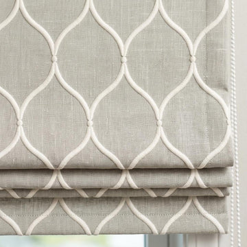 Natural Greige Linen Roman Shade, Ivory Embroidered Ogee Trellis Custom Blind, Blackout or Light Filtering Window Shade — image 1