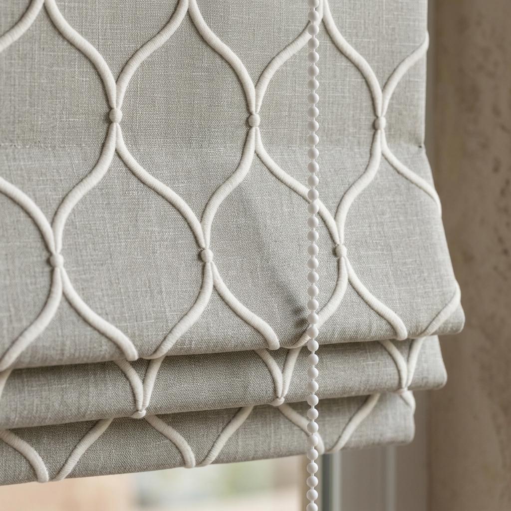 Natural Greige Linen Roman Shade, Ivory Embroidered Ogee Trellis Custom Blind, Blackout or Light Filtering Window Shade — image 5