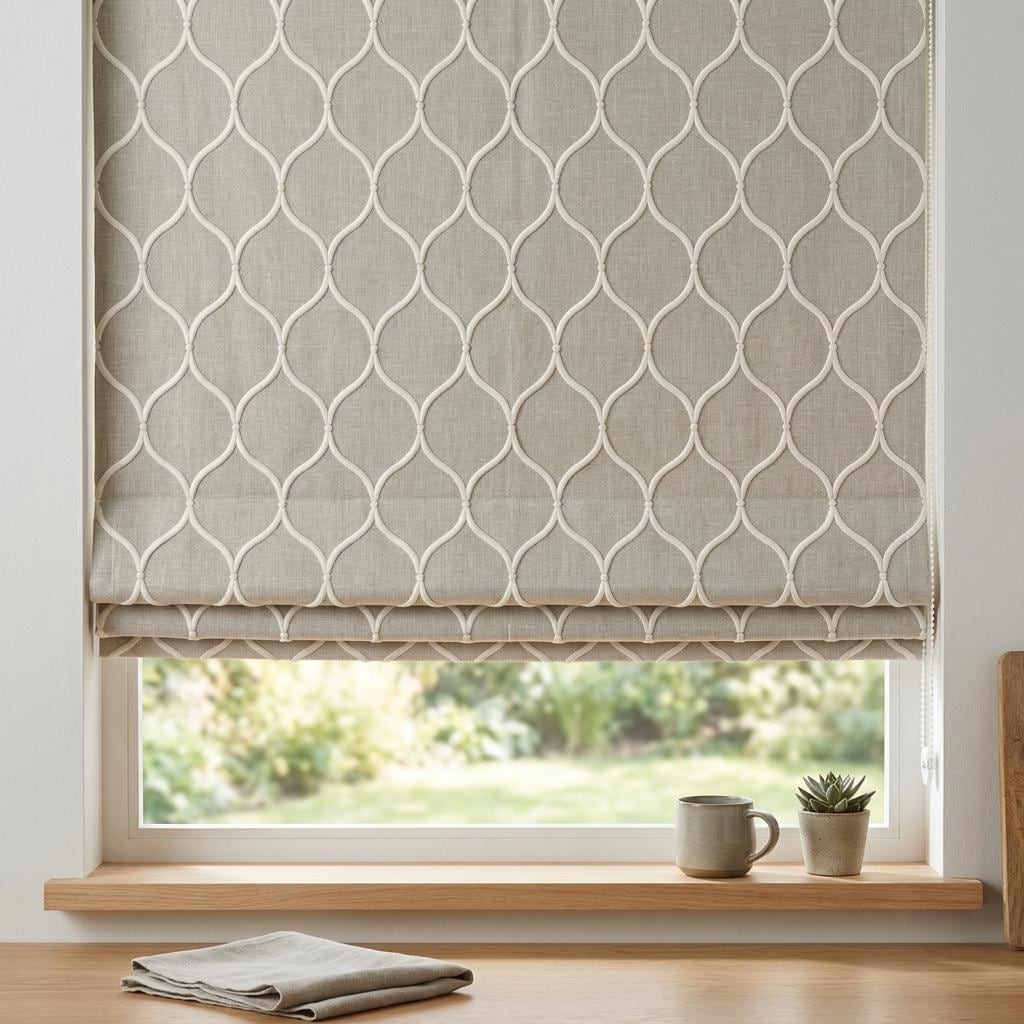 Natural Greige Linen Roman Shade, Ivory Embroidered Ogee Trellis Custom Blind, Blackout or Light Filtering Window Shade — image 2