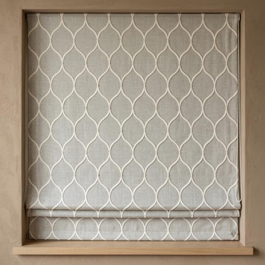 Natural Greige Linen Roman Shade, Ivory Embroidered Ogee Trellis Custom Blind, Blackout or Light Filtering Window Shade — image 10