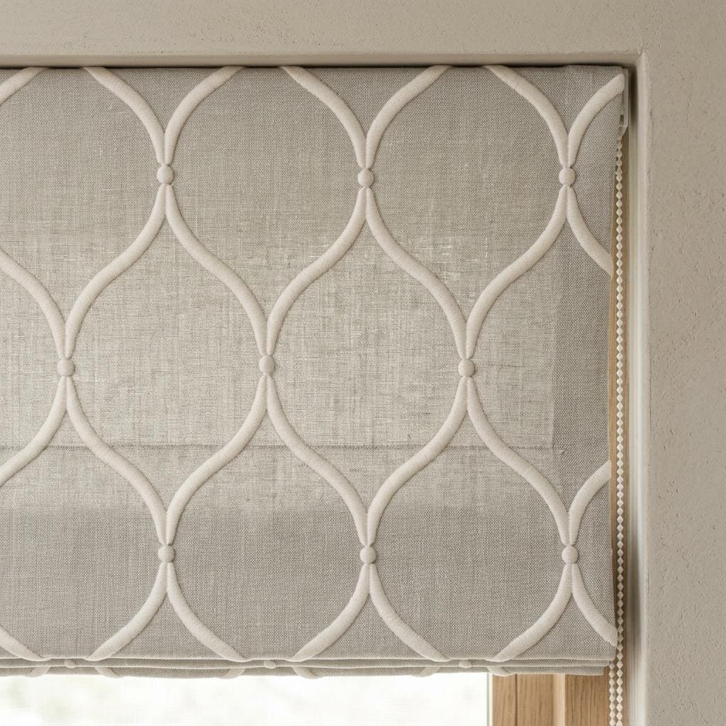 Natural Greige Linen Roman Shade, Ivory Embroidered Ogee Trellis Custom Blind, Blackout or Light Filtering Window Shade — image 9