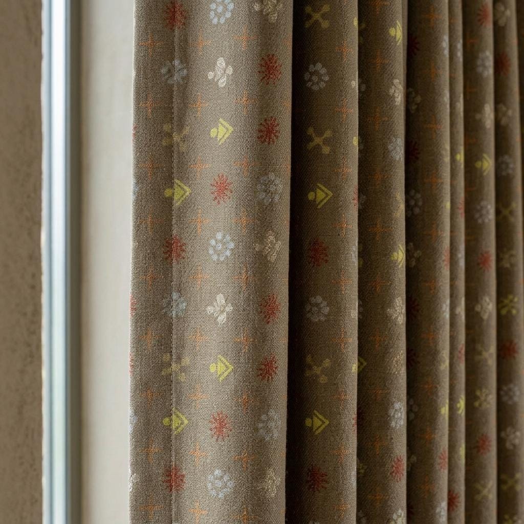 Olive Taupe Pure Linen Curtains, Rust Mustard Mid Century Atomic Print Drapes, Custom Blackout or Light Filtering Panels — image 1