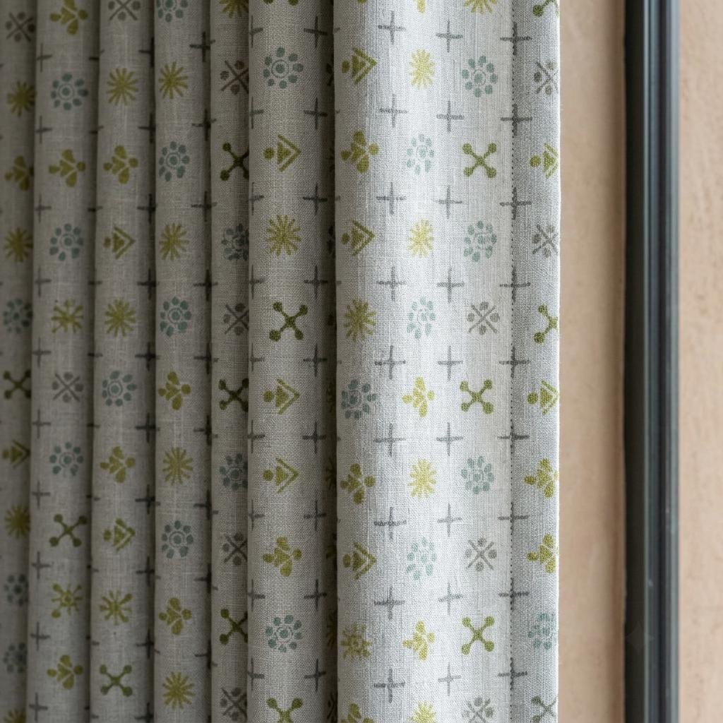 Natural Gray Pure Linen Curtains, Olive Sage Aqua Mid Century Atomic Print Drapes, Custom Blackout or Light Filtering Panels — image 1