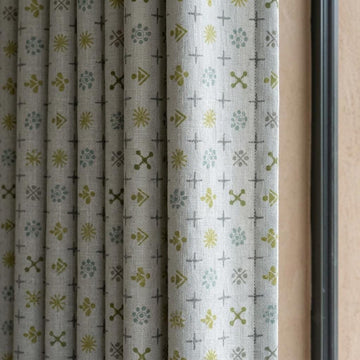 Natural Gray Pure Linen Curtains, Olive Sage Aqua Mid Century Atomic Print Drapes, Custom Blackout or Light Filtering Panels — image 1