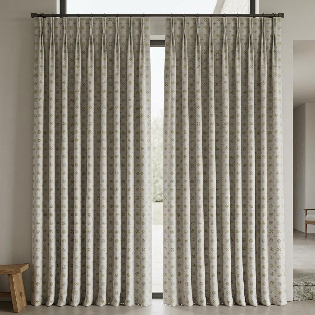 Natural Gray Pure Linen Curtains, Olive Sage Aqua Mid Century Atomic Print Drapes, Custom Blackout or Light Filtering Panels — image 1