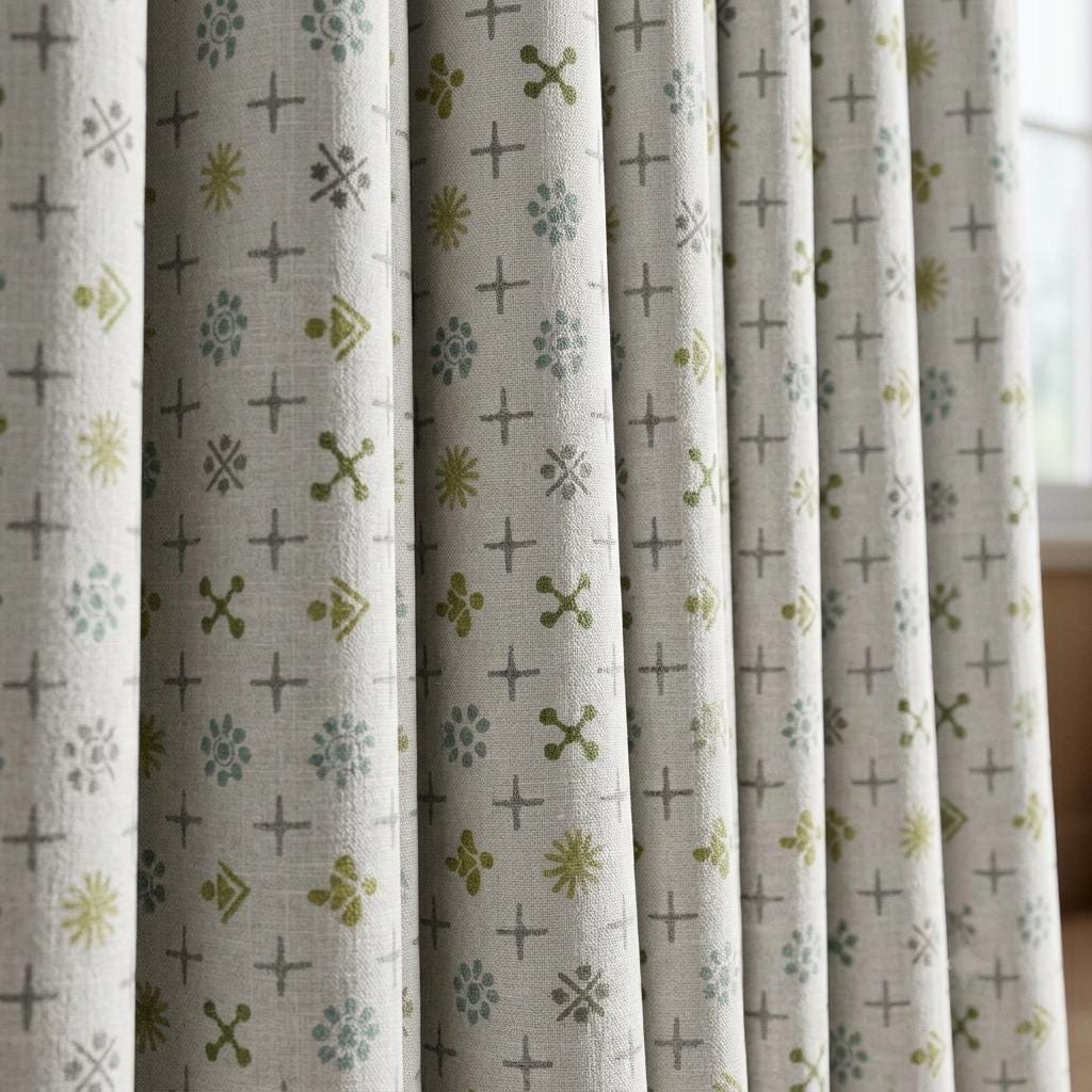Natural Gray Pure Linen Curtains, Olive Sage Aqua Mid Century Atomic Print Drapes, Custom Blackout or Light Filtering Panels — image 8
