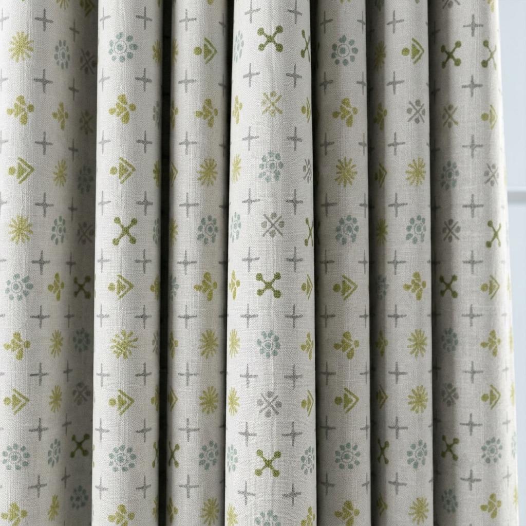 Natural Gray Pure Linen Curtains, Olive Sage Aqua Mid Century Atomic Print Drapes, Custom Blackout or Light Filtering Panels — image 5