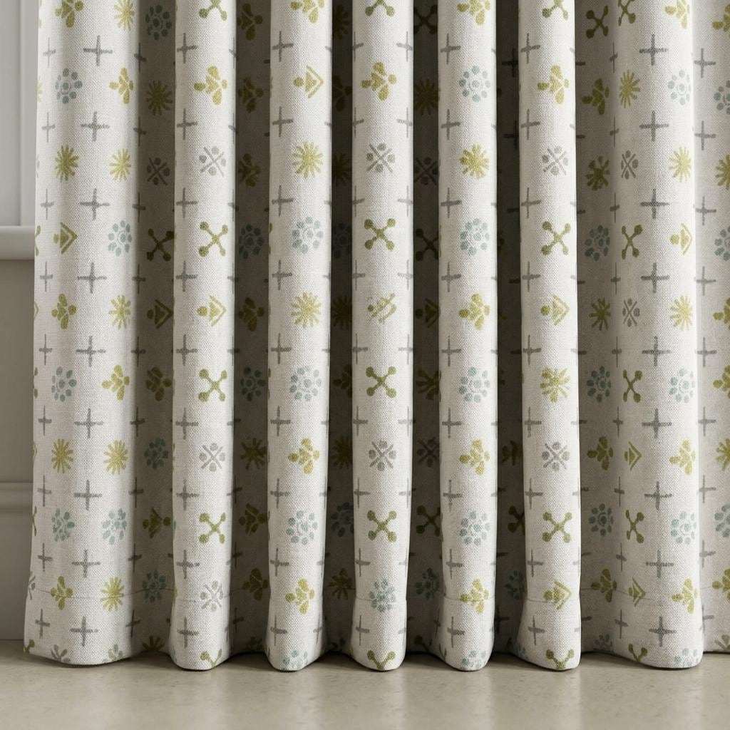 Natural Gray Pure Linen Curtains, Olive Sage Aqua Mid Century Atomic Print Drapes, Custom Blackout or Light Filtering Panels — image 3