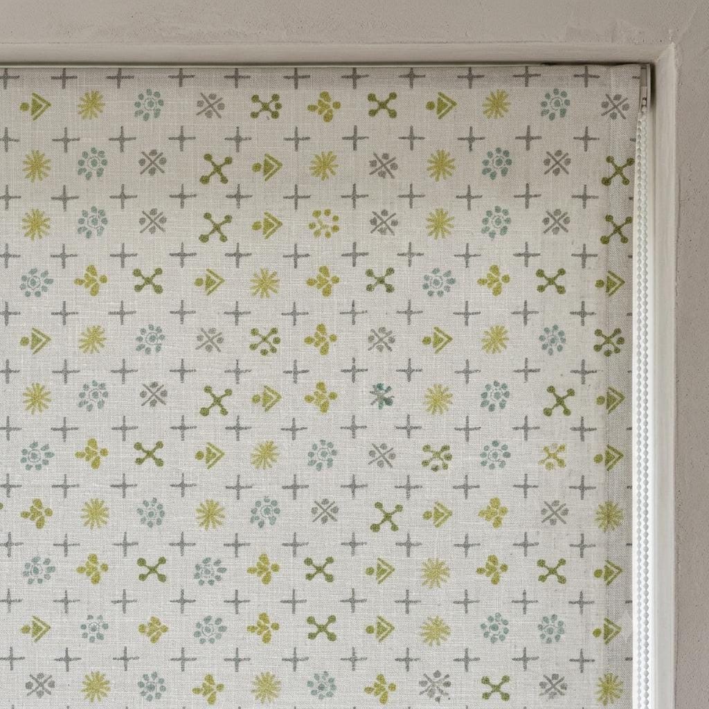 Natural Gray Linen Roman Shade, Olive Sage Mid Century Atomic Print Custom Blind, Blackout or Light Filtering Window Shade — image 9