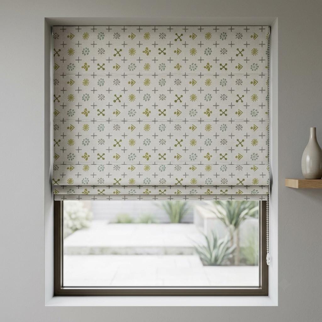 Natural Gray Linen Roman Shade, Olive Sage Mid Century Atomic Print Custom Blind, Blackout or Light Filtering Window Shade — image 2