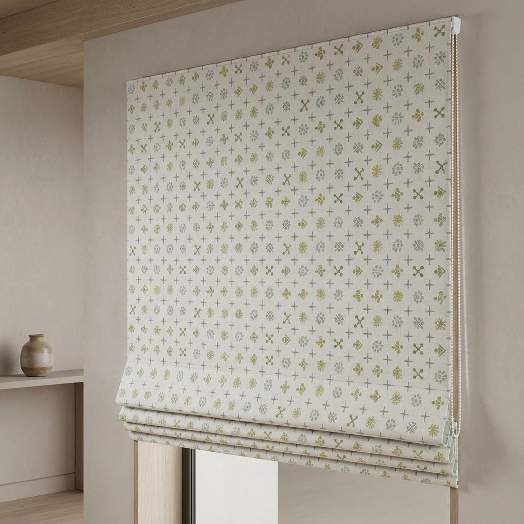 Natural Gray Linen Roman Shade, Olive Sage Mid Century Atomic Print Custom Blind, Blackout or Light Filtering Window Shade — image 4
