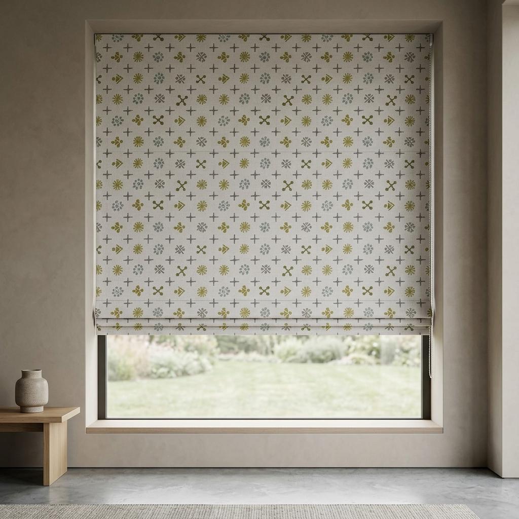 Natural Gray Linen Roman Shade, Olive Sage Mid Century Atomic Print Custom Blind, Blackout or Light Filtering Window Shade — image 6