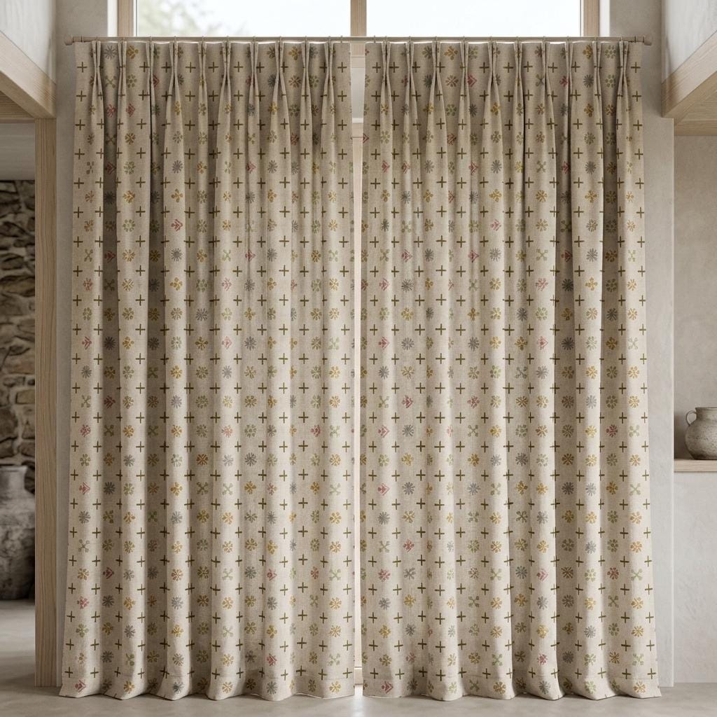 Natural Ivory Pure Linen Curtains, Olive Pink Mustard Mid Century Atomic Print Drapes, Custom Blackout or Light Filtering Panels — image 6
