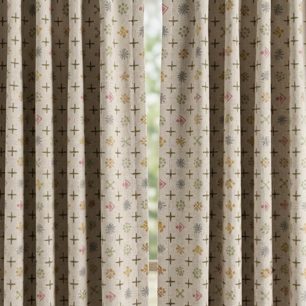 Natural Ivory Pure Linen Curtains, Olive Pink Mustard Mid Century Atomic Print Drapes, Custom Blackout or Light Filtering Panels — image 3