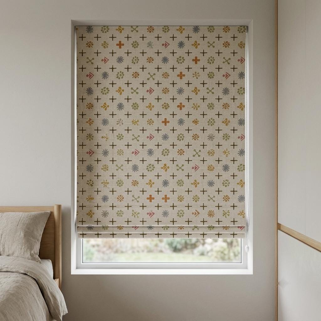 Cream Olive Linen Roman Shade, Pink Gray Mid Century Atomic Print Custom Blind, Blackout or Light Filtering Window Shade — image 5
