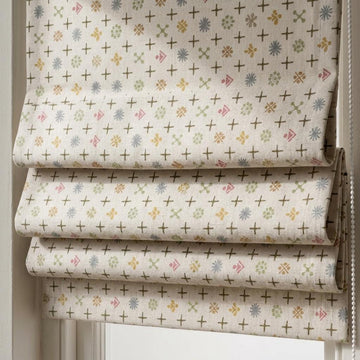 Cream Olive Linen Roman Shade, Pink Gray Mid Century Atomic Print Custom Blind, Blackout or Light Filtering Window Shade — image 1