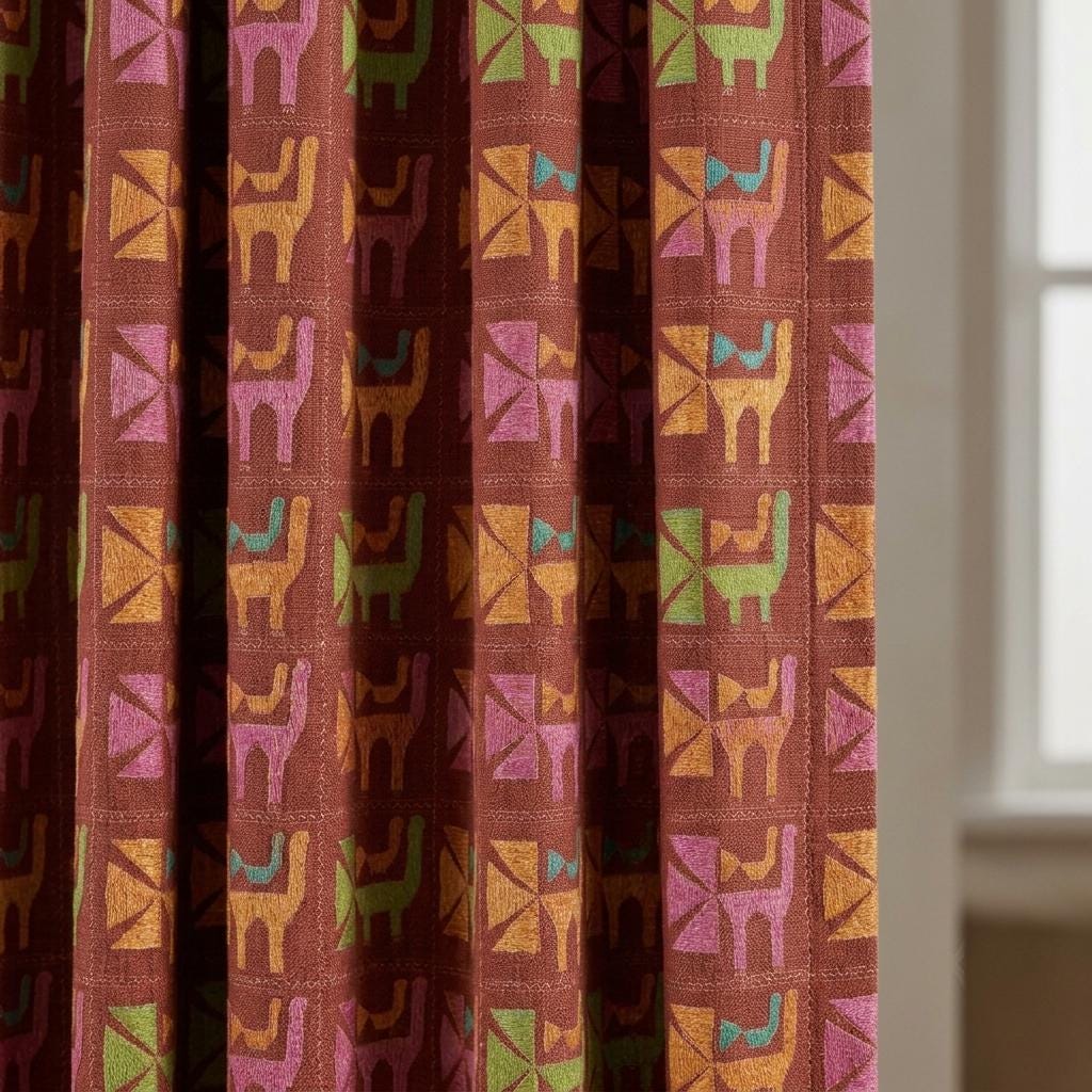 Terracotta Cat Print Linen Curtains, Colorful Mid Century Geometric Drapes, Custom Blackout Window Panels — image 1