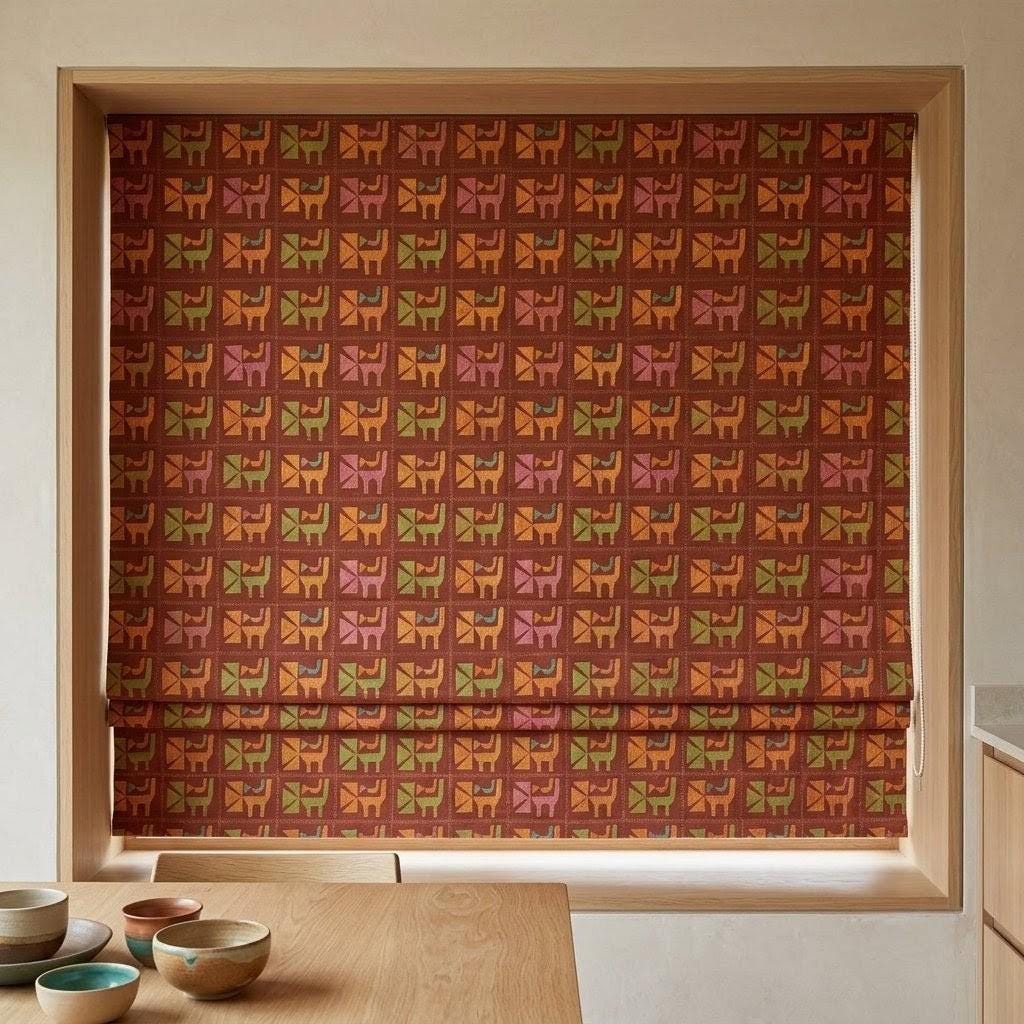 Rust Terracotta Cat Linen Roman Shade, Mid Century Geometric Custom Blind, Blackout or Light Filtering — image 8
