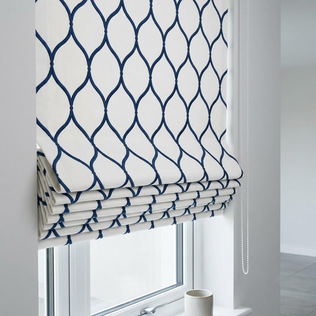 Custom Roman Shade, White Linen Blind, Navy Blue Embroidered Geometric Trellis, Blackout or Light Filtering — image 1