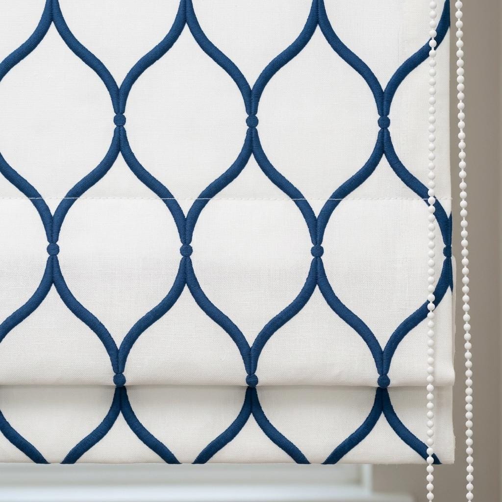 Custom Roman Shade, White Linen Blind, Navy Blue Embroidered Geometric Trellis, Blackout or Light Filtering — image 4