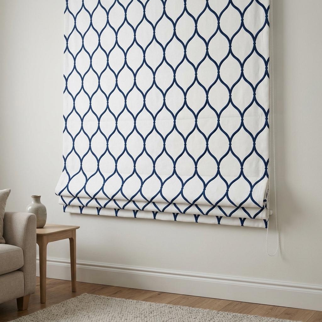 Custom Roman Shade, White Linen Blind, Navy Blue Embroidered Geometric Trellis, Blackout or Light Filtering — image 7