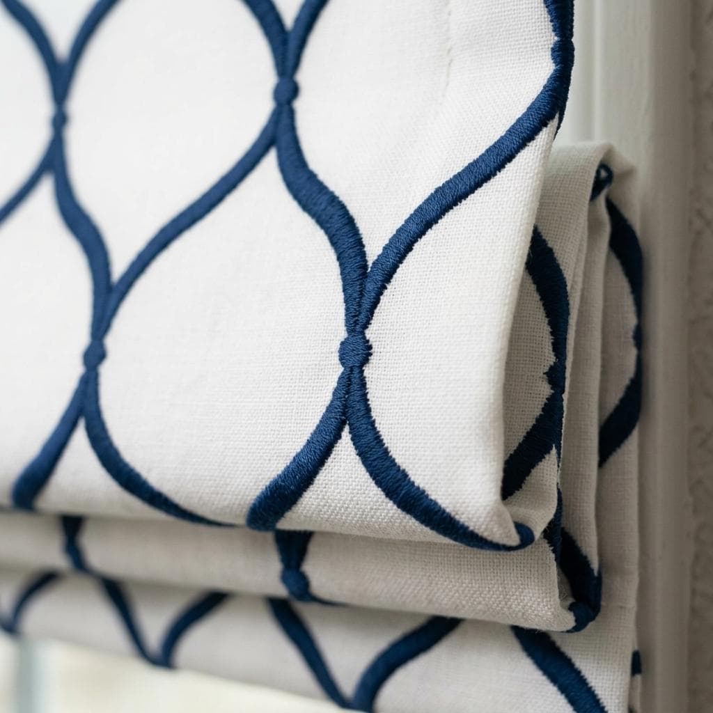 Custom Roman Shade, White Linen Blind, Navy Blue Embroidered Geometric Trellis, Blackout or Light Filtering — image 1