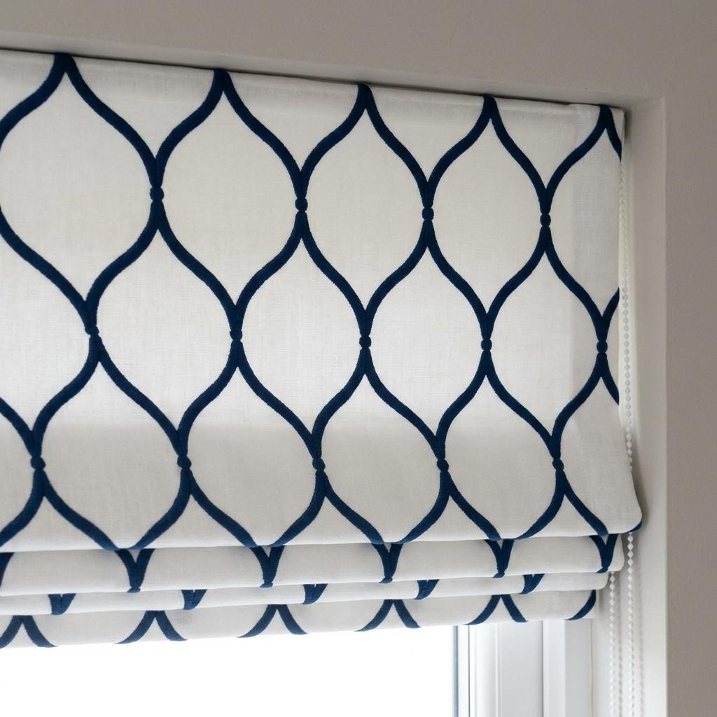 Custom Roman Shade, White Linen Blind, Navy Blue Embroidered Geometric Trellis, Blackout or Light Filtering — image 10