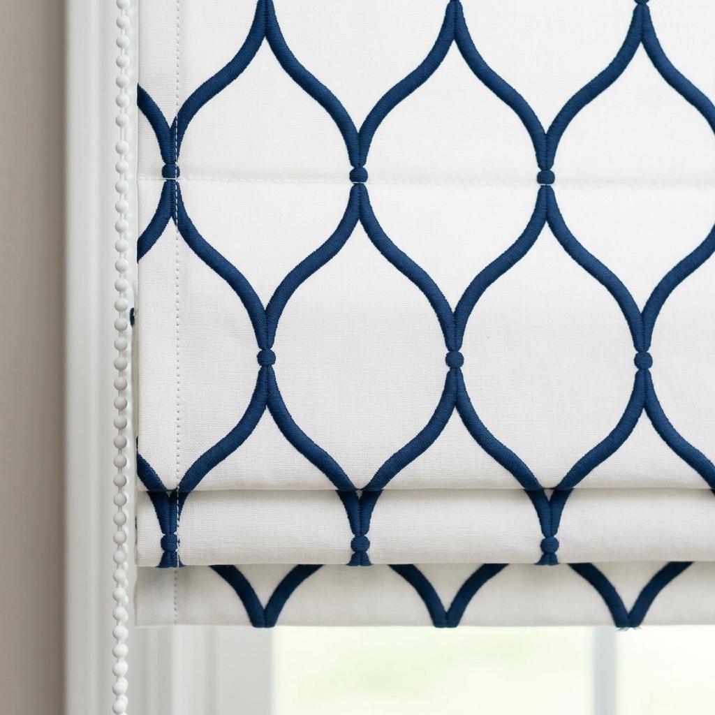 Custom Roman Shade, White Linen Blind, Navy Blue Embroidered Geometric Trellis, Blackout or Light Filtering — image 8