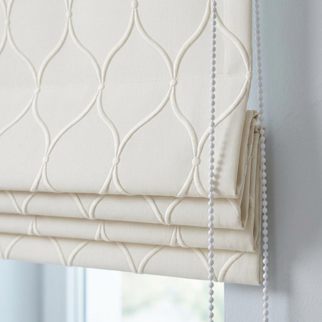 Custom Ivory Linen Roman Shade, Embroidered Ogee Trellis Blind, Corded Blackout or Organic Cotton Lined Shade — image 3