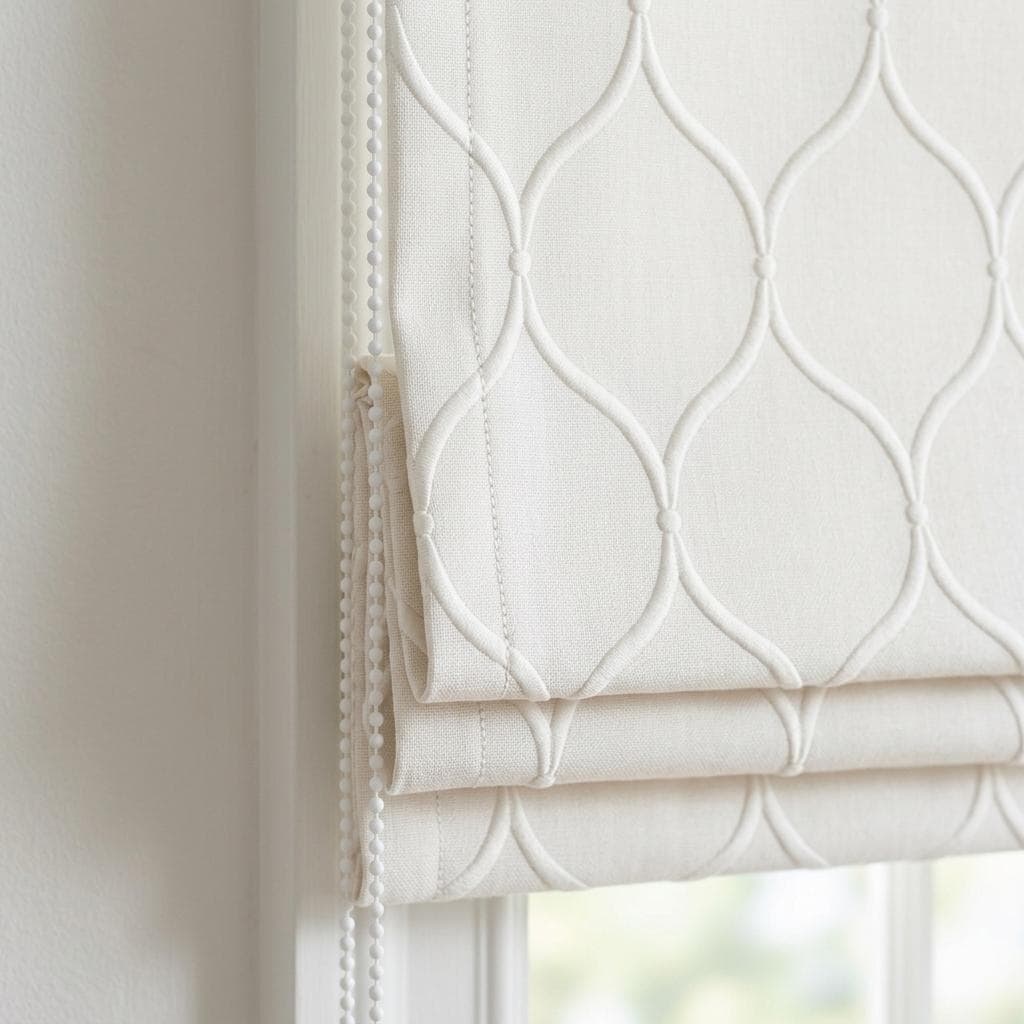 Custom Ivory Linen Roman Shade, Embroidered Ogee Trellis Blind, Corded Blackout or Organic Cotton Lined Shade — image 8
