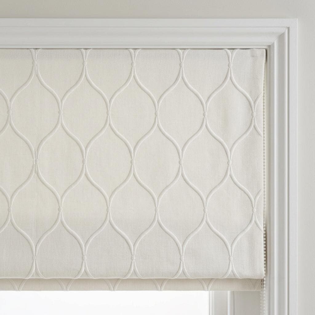Custom Ivory Linen Roman Shade, Embroidered Ogee Trellis Blind, Corded Blackout or Organic Cotton Lined Shade — image 6