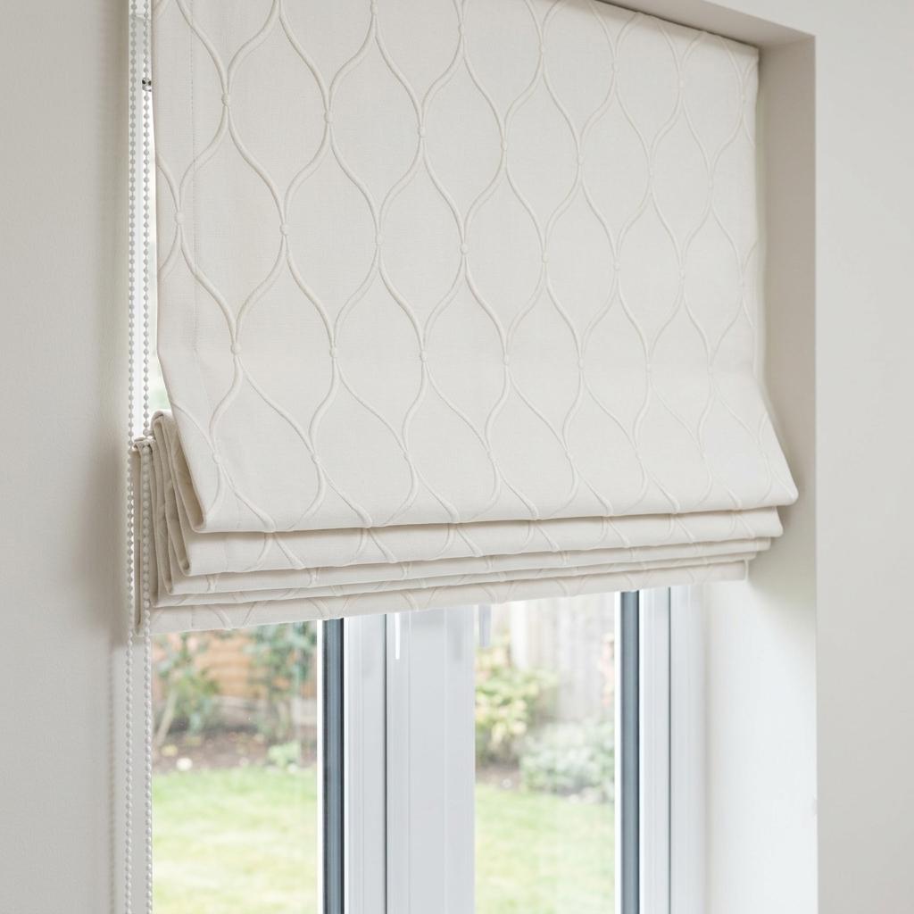 Custom Ivory Linen Roman Shade, Embroidered Ogee Trellis Blind, Corded Blackout or Organic Cotton Lined Shade — image 7