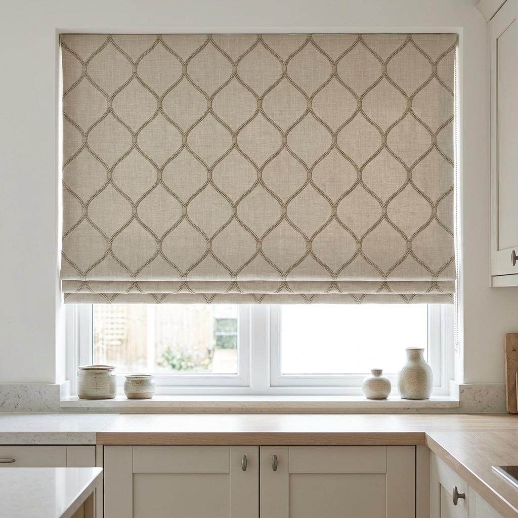 Taupe Linen Roman Shade, Beige Diamond Ogee Trellis Embroidered Custom Blind, Blackout or Light Filtering — image 4