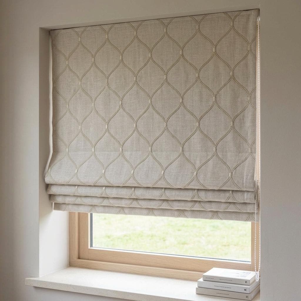 Taupe Linen Roman Shade, Beige Diamond Ogee Trellis Embroidered Custom Blind, Blackout or Light Filtering — image 2