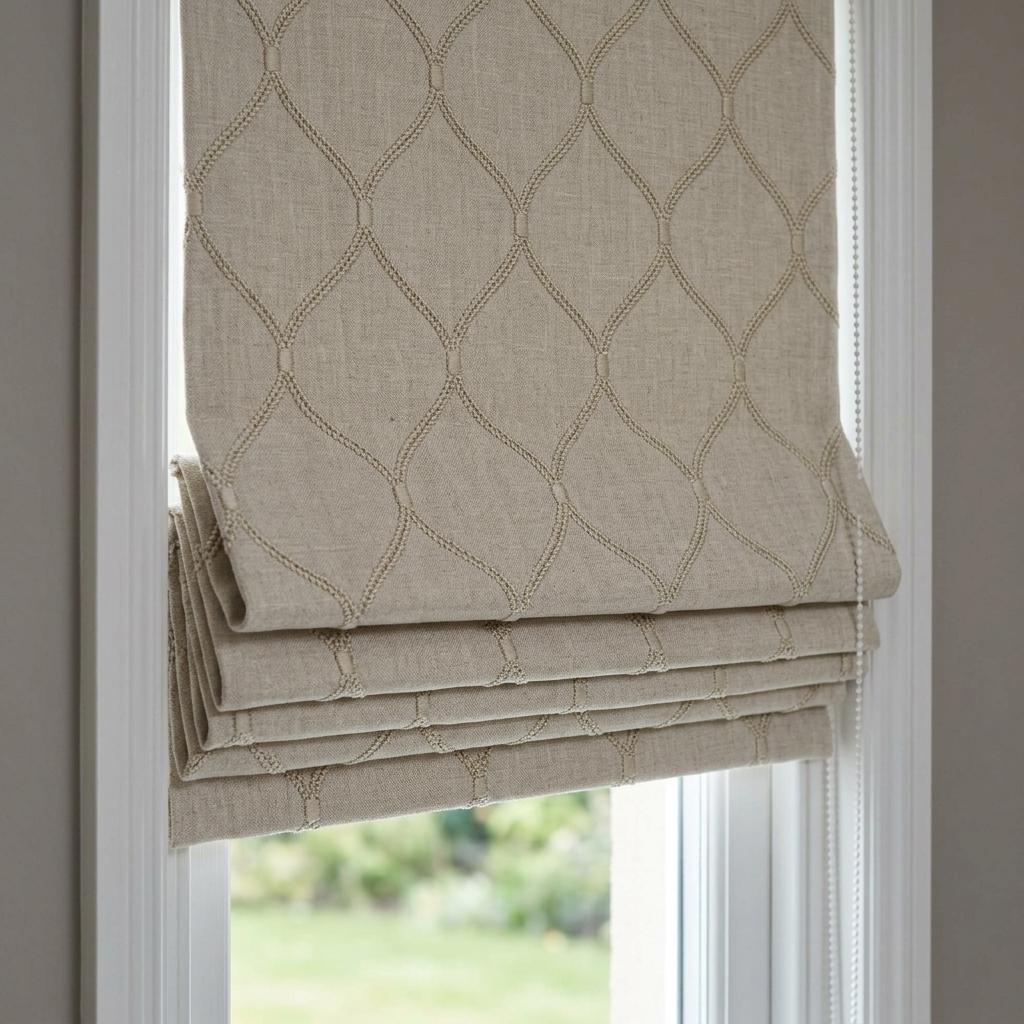 Taupe Linen Roman Shade, Beige Diamond Ogee Trellis Embroidered Custom Blind, Blackout or Light Filtering — image 7