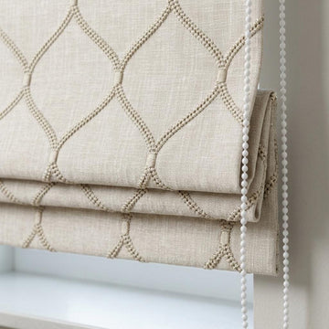 Taupe Linen Roman Shade, Beige Diamond Ogee Trellis Embroidered Custom Blind, Blackout or Light Filtering — image 1